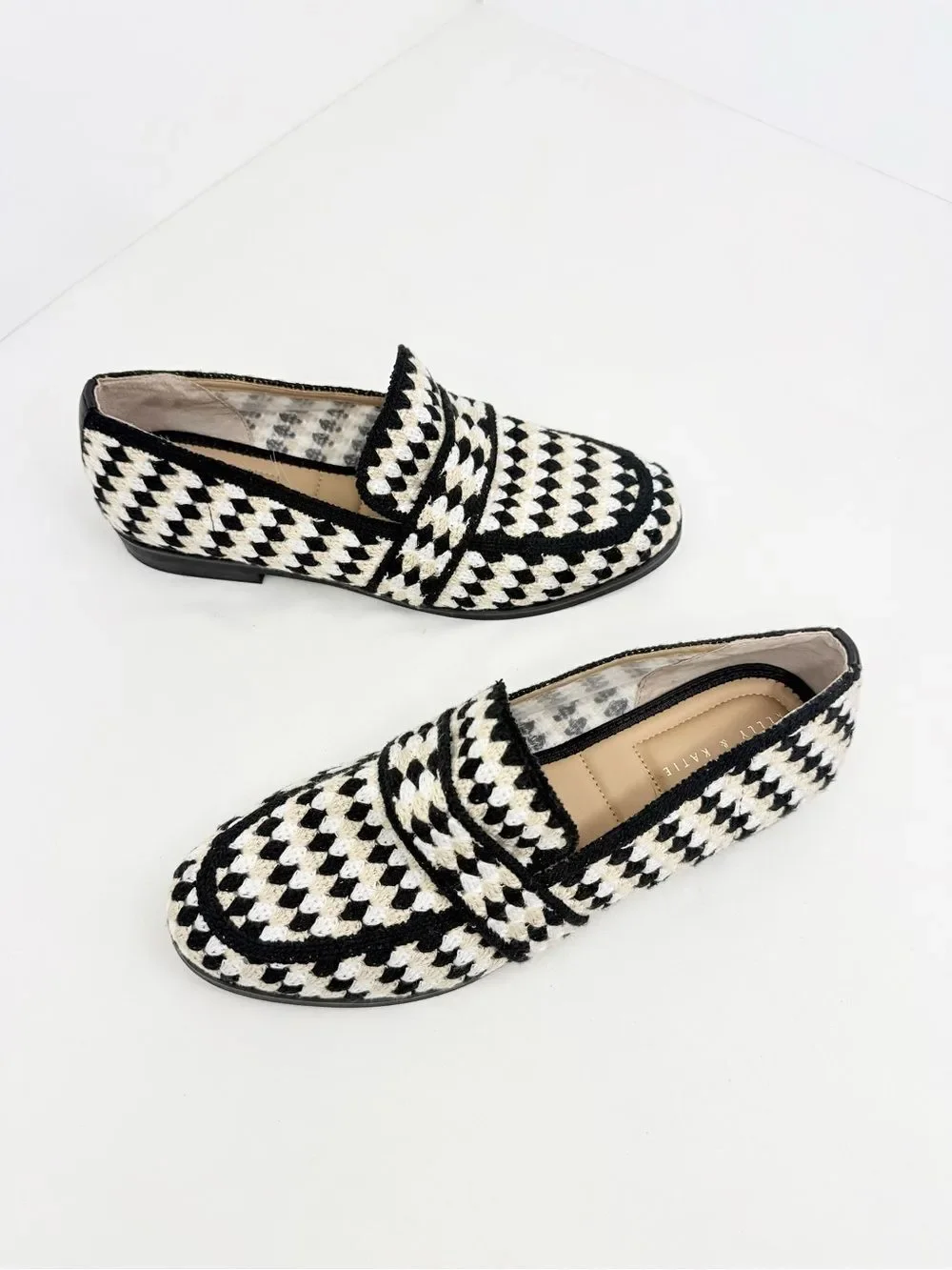 Kelly & Katie BALAC Slip On Loafer In Black White Beige Geometric Check Textile